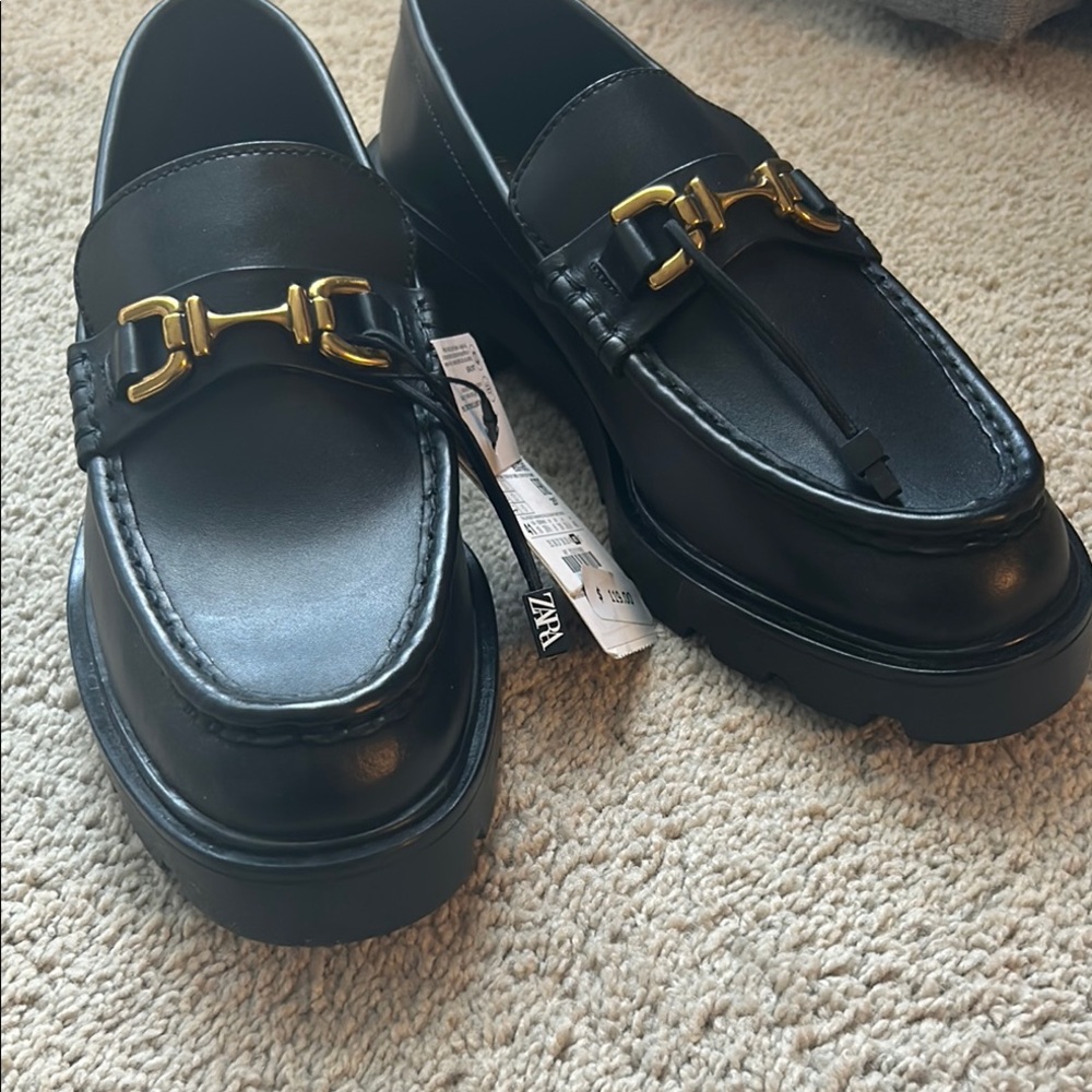 Zara Black Loafers with Gold Detail